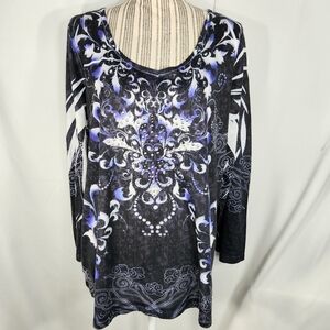 Fashion Bug Black Purple White Stud Accent Front Long Sleeve Top Plus Size 1X